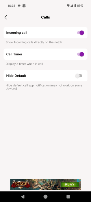 Calls options for Dynamic Island view in Dynamic Bar app. 