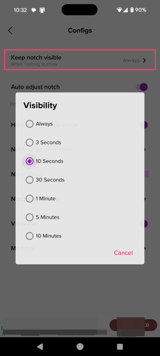Selecting the amount of time you wish to keep the notch visible on your screen using the Dynamic Bar app. 