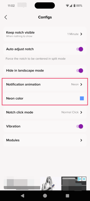 Modifying "Neon color" and "Notification animation" for notch in Dynamic Bar app. 