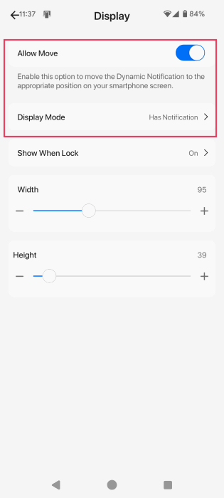 Adjusting display settings for dynamic island in Dynamic Notification app. 