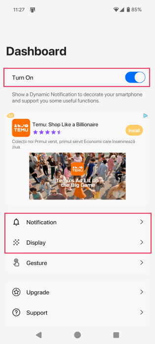 Turning on dynamic island in Dynamic Notifications app. 