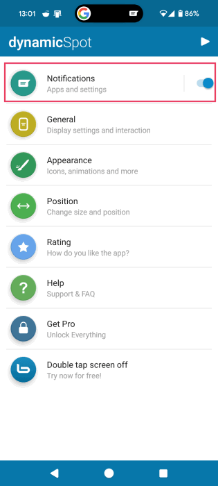 Selecting Notifications in DynamicSpot app main screen. 
