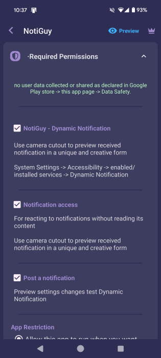 Granting permission access in NotiGuy app. 