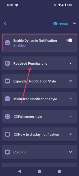 Tapping on "Required Permissions" in NotiGuy app. 