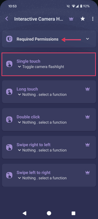 Pressing on "Single touch" option to map camera hole in NotiGuy app. 