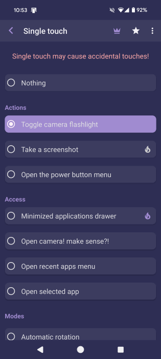 Selecting option for "Single touch" in NotiGuy app. 