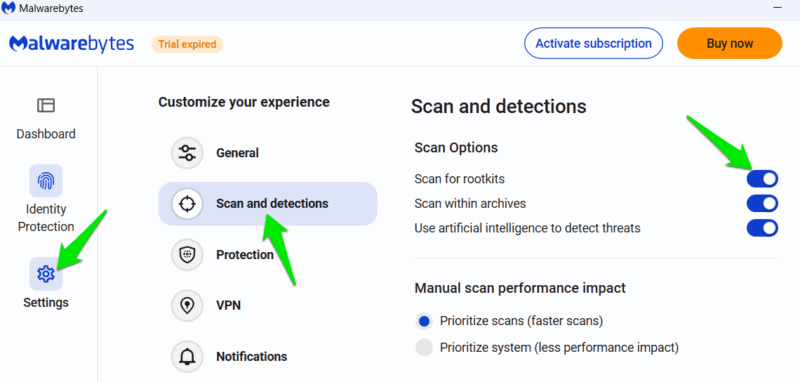 Enable rootkit scan option in Malwarebytes