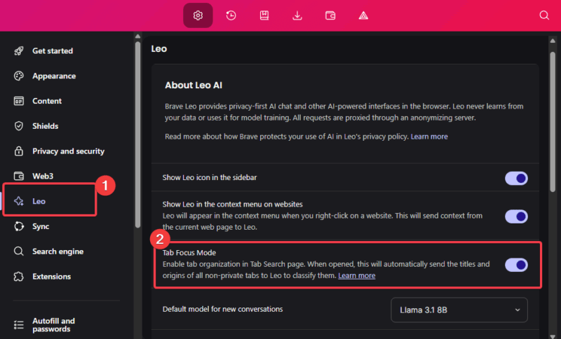 Enable Tab Focus Mode Brave
