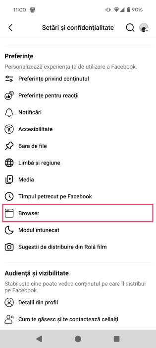 Pressing on Browser option in Facebook Settings on mobile. 