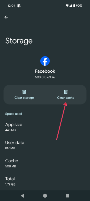 Tapping on "Clear Cache" button for Facebook app on Android.