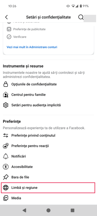 Accessing "Language & region" settings in Facebook mobile app in wrong language.