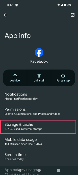 Tapping "Storage & cache" in "App info" screen on Android. 