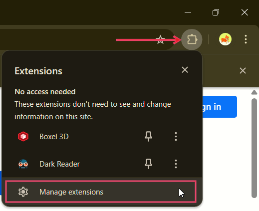 Selecting "Manage extensions" option in Chrome browser.