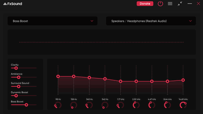 Main interface of FxSound showing bass boost preset