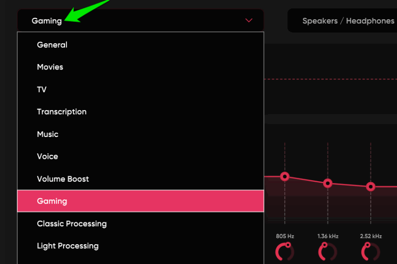 Showing FxSound list of presets with gaming selected