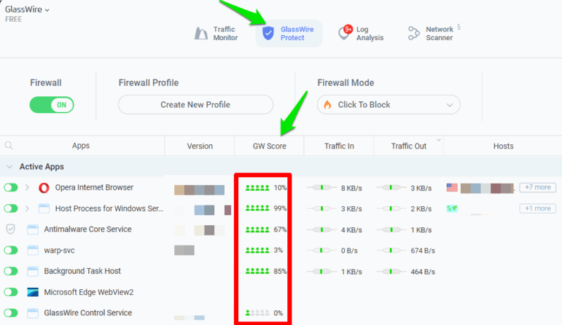 Glasswire rating section in main interface