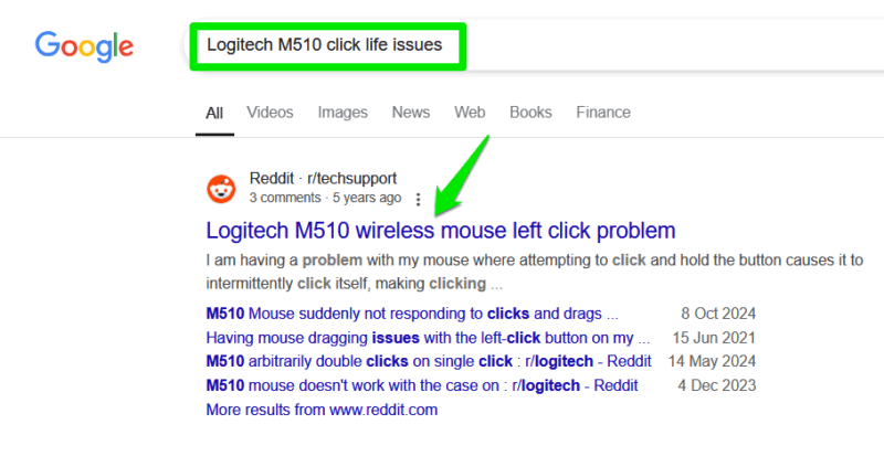 Google Search showing results for mouse issues