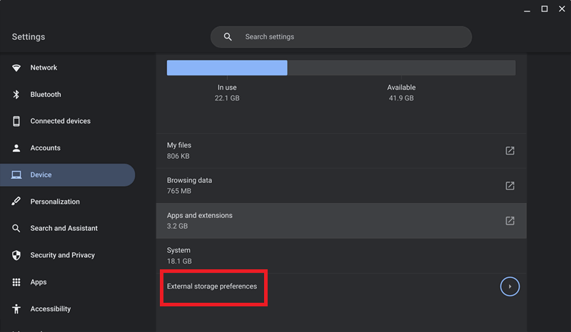 Turn on external storage devices on Chromebook.
