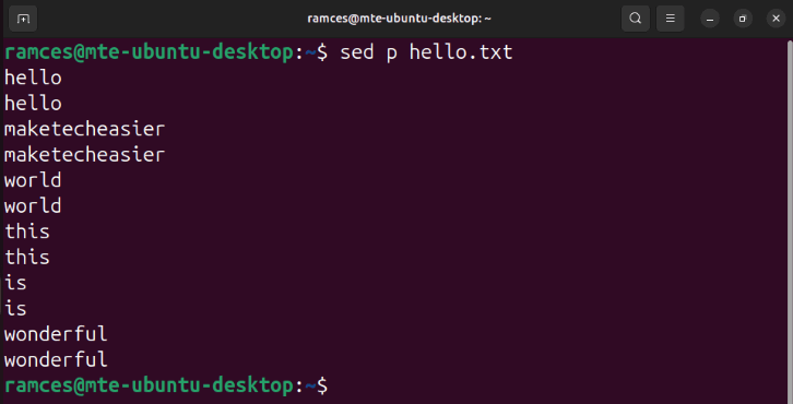 A terminal showing the output of the p subcommand without the -n flag.