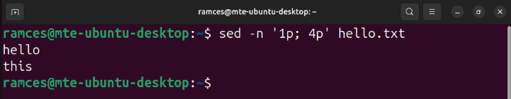 A terminal showing sed printing non-adjacent lines from a text file.