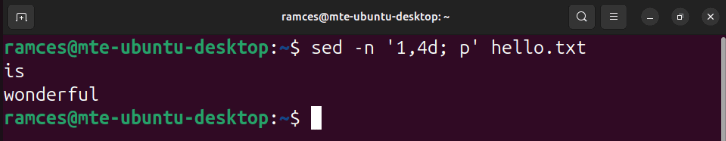 A terminal showing the process of deleting a range of lines using sed.
