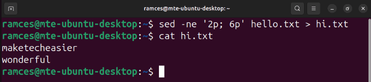 A terminal showing sed's ability to use output redirection to save its output to files.