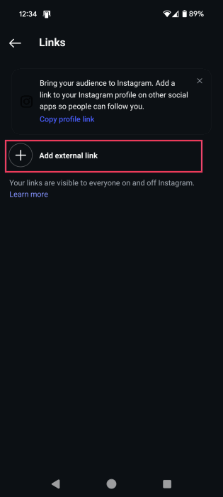 Adding external link to Instagram profile page in bio. 