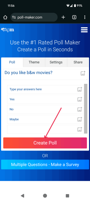 Creating poll in Poll Maker website on mobile. 