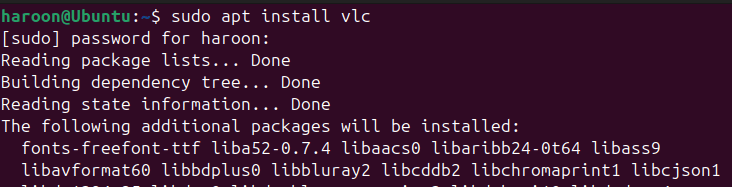 Installing VLC media player In Ubuntu Terminal.