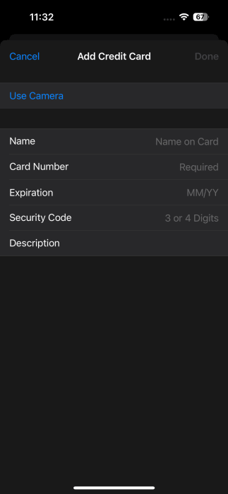 Adding new credit card in Safari browser on iPhone. 