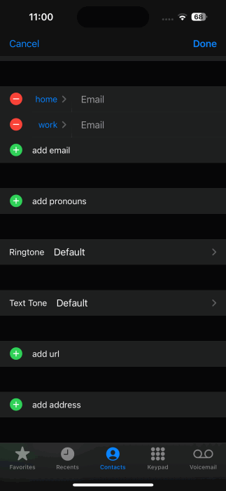 Editing data for contact on iPhone. 