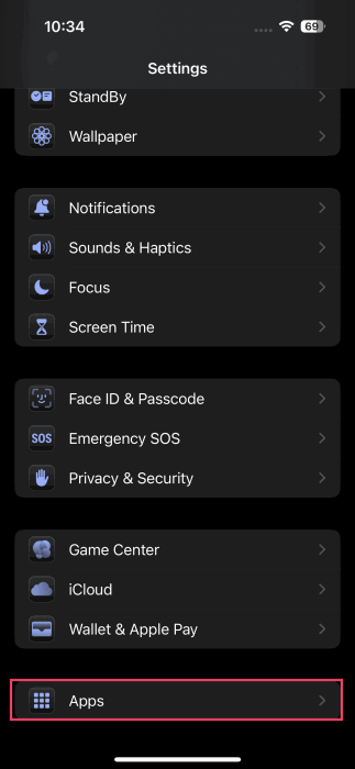 Tapping on "Apps" in iPhone Settings. 