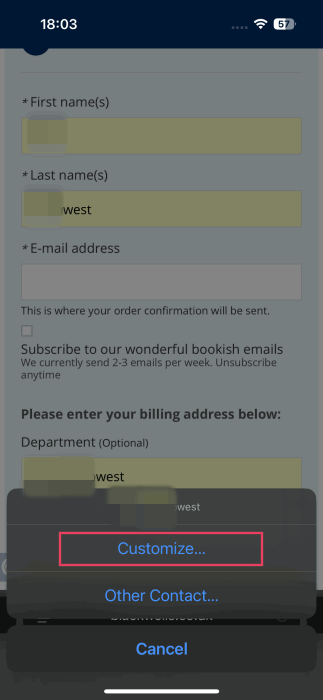 Tapping "Customize" option when using AutoFill on iPhone. 