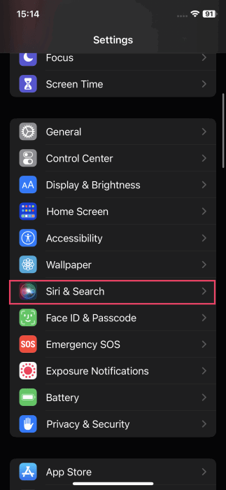 Tapping on "Siri & Search" in iPhone Settings.