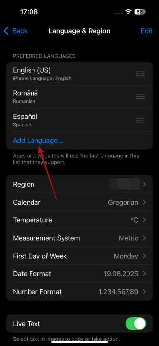 Tapping on "Add Language" button for system language in iPhone Settings.