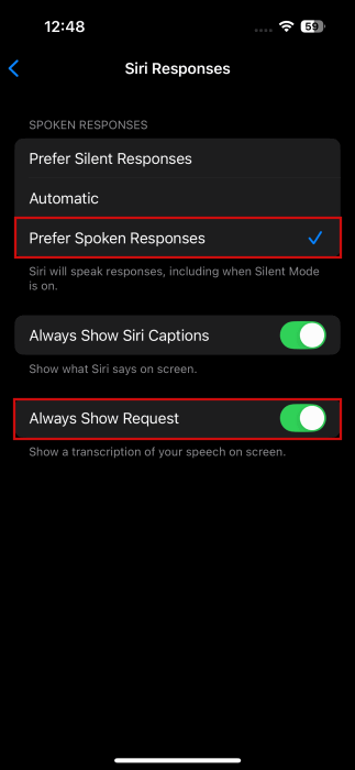 Activating multiple options under "Siri Responses" in iPhone Settings. 