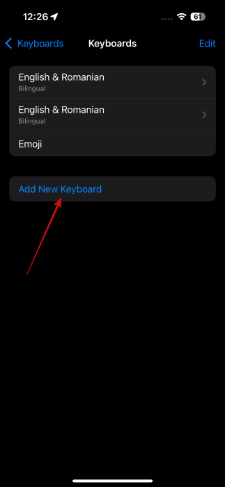 Selecting "Add New Keyboard" option in iPhone Settings app. 