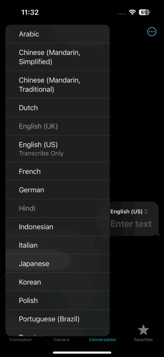 Setting source/target language in Translate app on iPhone. 