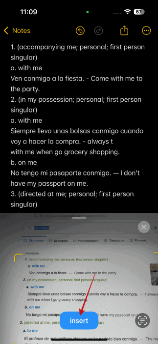 Adding text to Note by scanning website using iPhone. 