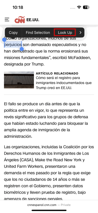 Tapping on "Look Up" option in Safari app on iPhone. 