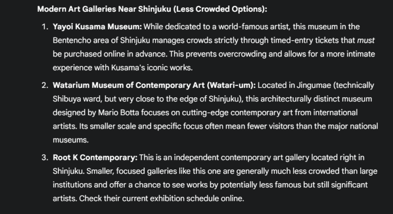 Gemini listing art galleries in Tokyo