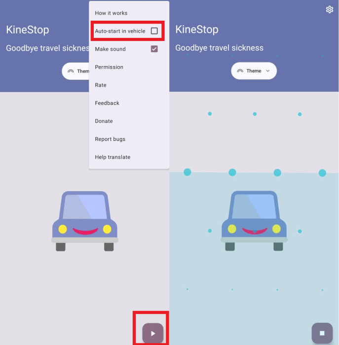An image of screenshots from the Android operating system, running the Kniestop app which makes moving dots appear on screen to tackle motion sickness while operating phones in vehicles.