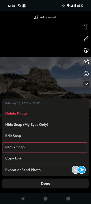 Tapping on "Remix Snap" option in Snapchat app. 