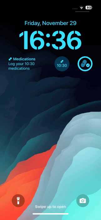 Health app and Medisafe widgets visible on iPhone lock screen.