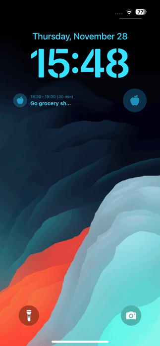 Structured app widgets visible on iPhone lock screen.