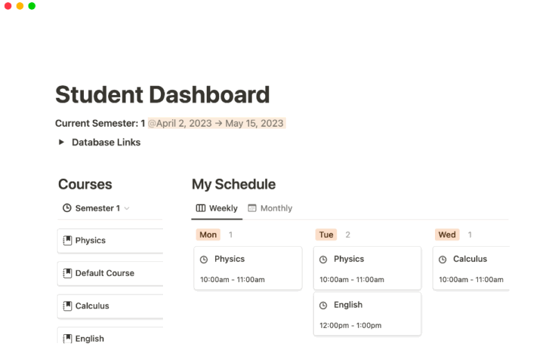 Notion's Student Main Dashboard