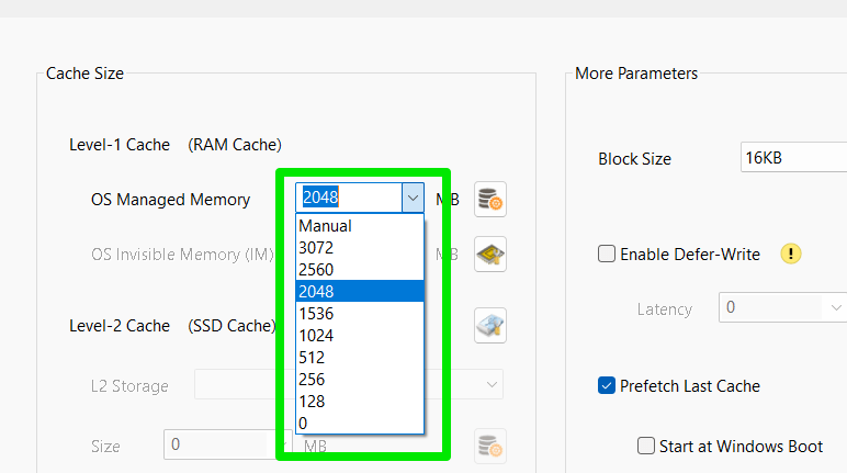 Primocache showing level-1 cache list