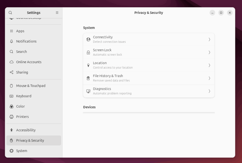 Privacy and security settings option menu in Ubuntu distro.