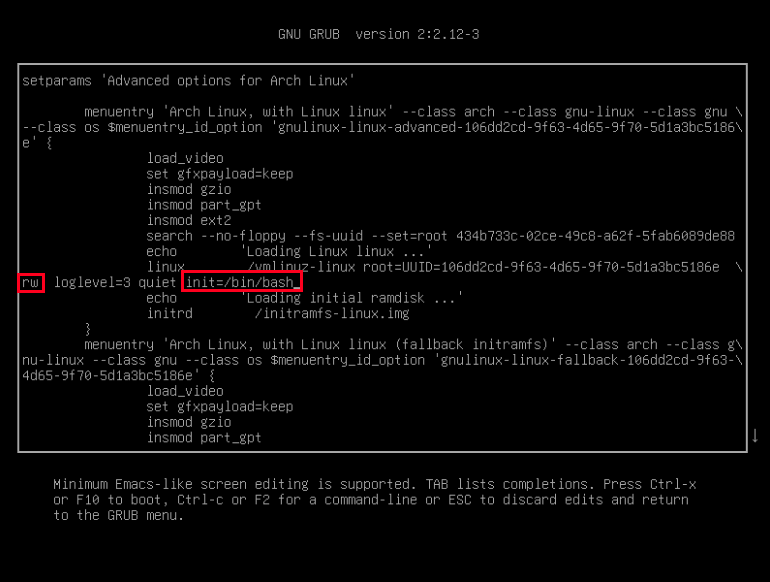 A screenshot showing the GRUB menu with highlights on the "rw" boot option and "init" for the single user mode.