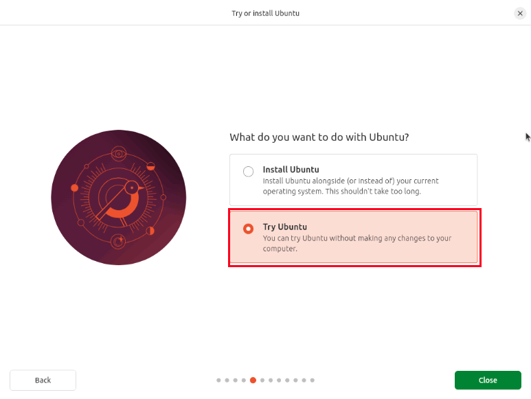 A screenshot highlighting the "Try Ubuntu" option for the Live ISO session.